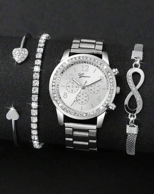 4 Pieces Lady's Silver Stainless Steel Strap Classic Quartz Watch Jewelry Set